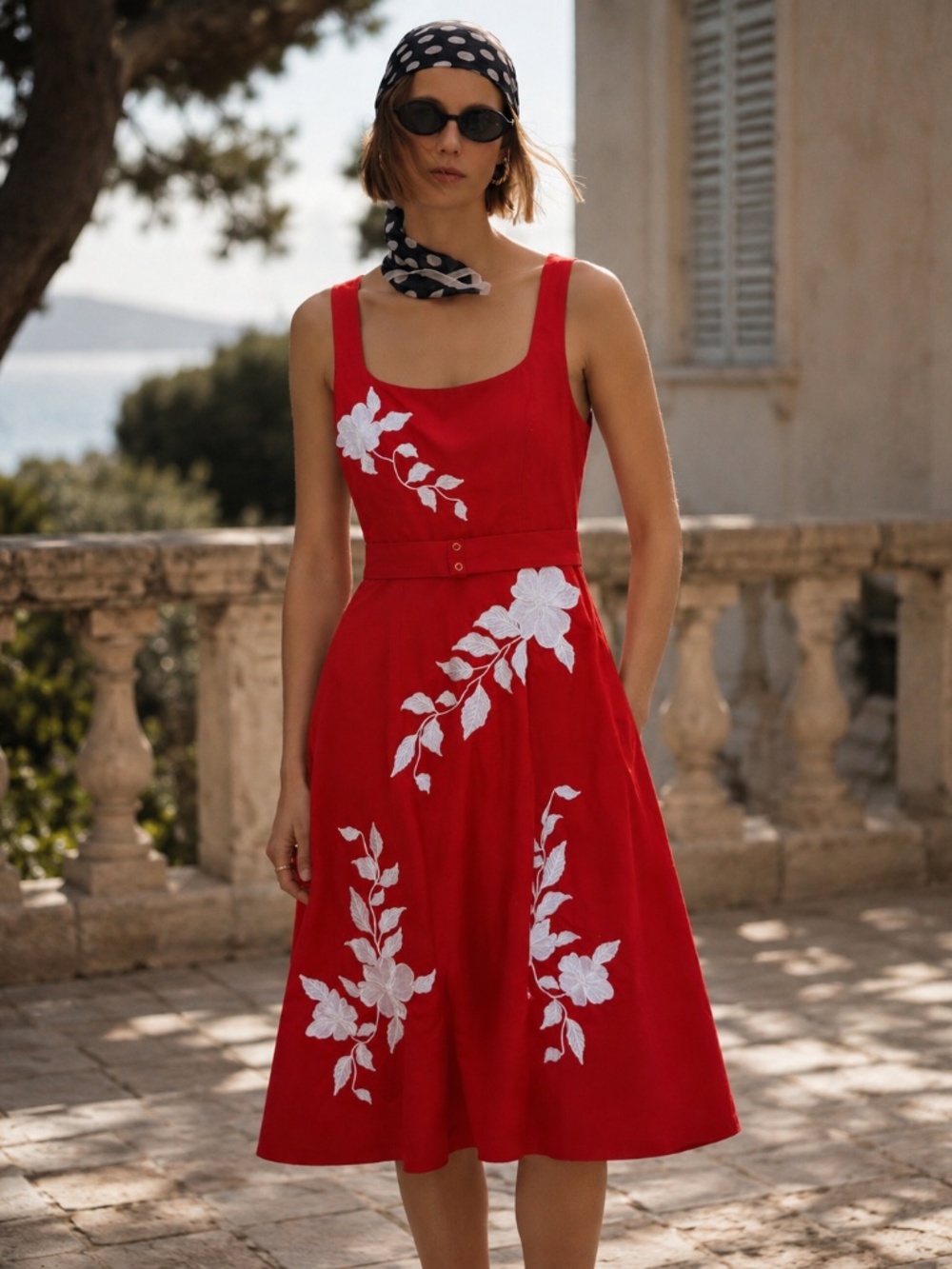 NWT Fanm Mon Elmas Red Cotton Midi Dress Floral Embroidery Square Neck Belted